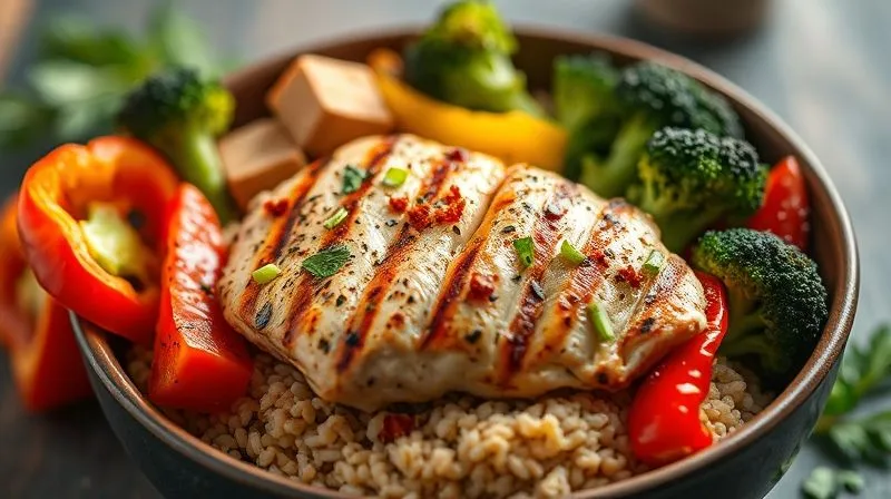 Photorealistic image of a vibrant, colorful meal prep bowl featuring gluten-free millet, grilled chicken breast, roasted broccoli, bell peppers, and a sprinkle of chili flakes, artfully arranged. Cinematic lighting, sharp focus, depth of field, 8K hyper-detailed, professional photography, shot on a high-end DSLR.
