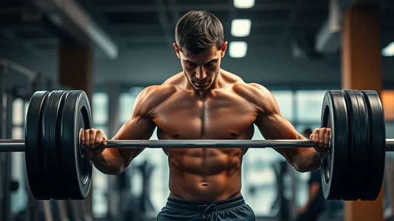 Photorealistic image of a person lifting weights in a modern gym, sweat glistening, with blurred background elements suggesting movement and intensity. Emphasize strong, lean physique. Cinematic lighting, sharp focus, depth of field, 8K hyper-detailed, professional photography, shot on a high-end DSLR.