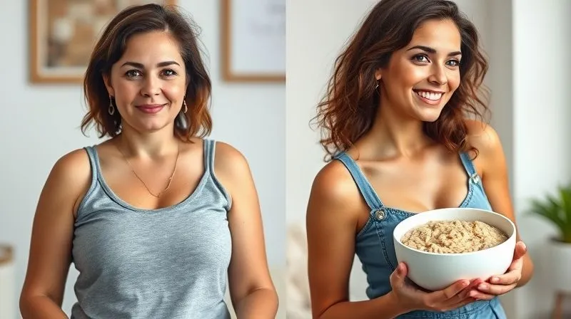 A diptych (two side-by-side images) showing a "before" and "after" transformation. The "before" image shows a slightly overweight woman looking tired, while the "after" image shows the same woman, visibly slimmer, energetic, and smiling, holding a bowl of healthy millet porridge. Photorealistic, professional photography, 8K, cinematic lighting, sharp focus, depth of field, shot on a high-end DSLR.