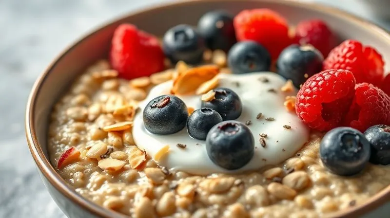 A photorealistic image of a vibrant, healthy breakfast bowl featuring creamy millet porridge, topped generously with Greek yogurt, a handful of mixed berries (blueberries, raspberries), chopped almonds, and a sprinkle of chia seeds. The light is soft and inviting, highlighting the textures and fresh colors. Shot on a high-end DSLR, 8K, cinematic lighting, sharp focus, depth of field.