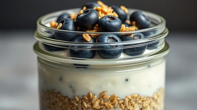 A close-up, photorealistic image of a glass jar filled with layered ingredients: creamy, cooked millet at the bottom, followed by a thick layer of natural kefir or Greek yogurt, topped with a colorful mix of fresh blueberries and a sprinkle of flax seeds. The composition is clean and inviting, suggesting health and freshness. Shot on a high-end DSLR, 8K, cinematic lighting, sharp focus, depth of field.