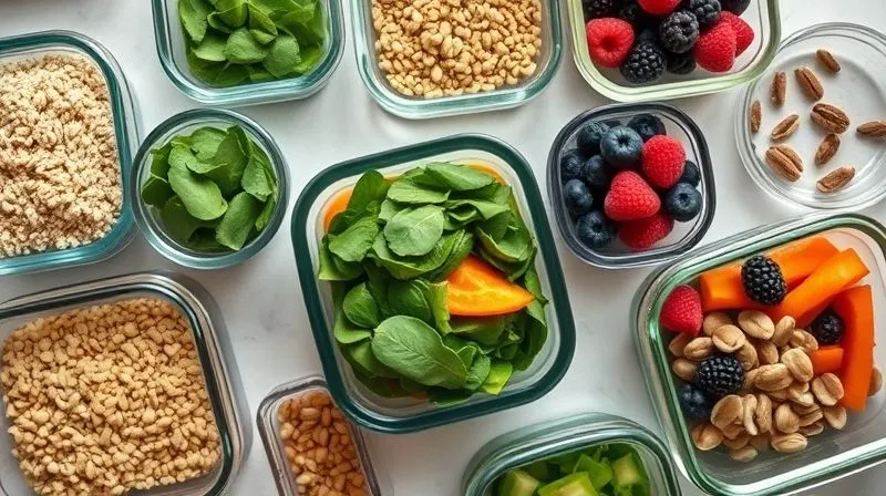 A top-down, photorealistic image of a meal prep scene in a modern kitchen. Several glass containers are neatly arranged, some filled with cooked millet, others with pre-chopped vegetables (spinach, bell peppers), berries, and small portions of nuts and seeds. The overall impression is organized, efficient, and healthy. Shot on a high-end DSLR, 8K, cinematic lighting, sharp focus, depth of field.