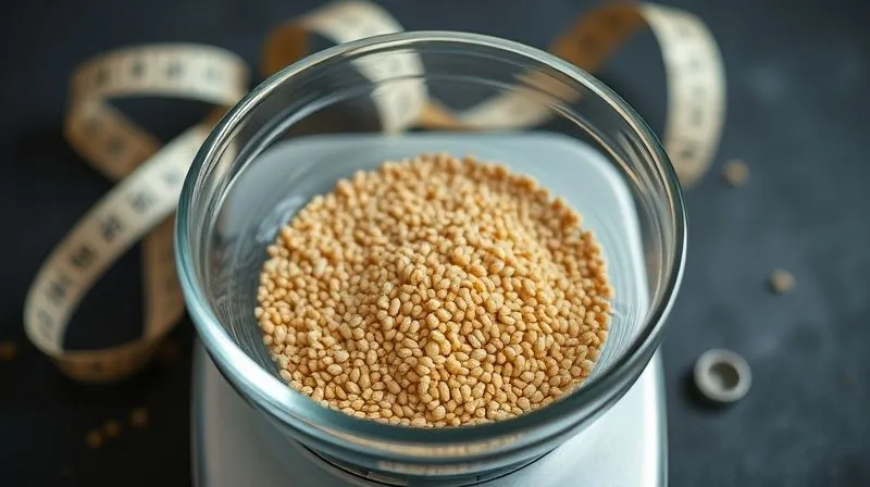 Photorealistic image of a kitchen scale weighing a small, appropriate portion of dry millet grains in a bowl, with a measuring tape subtly draped in the background, cinematic lighting, sharp focus, 8K hyper-detailed, shot on a high-end DSLR.