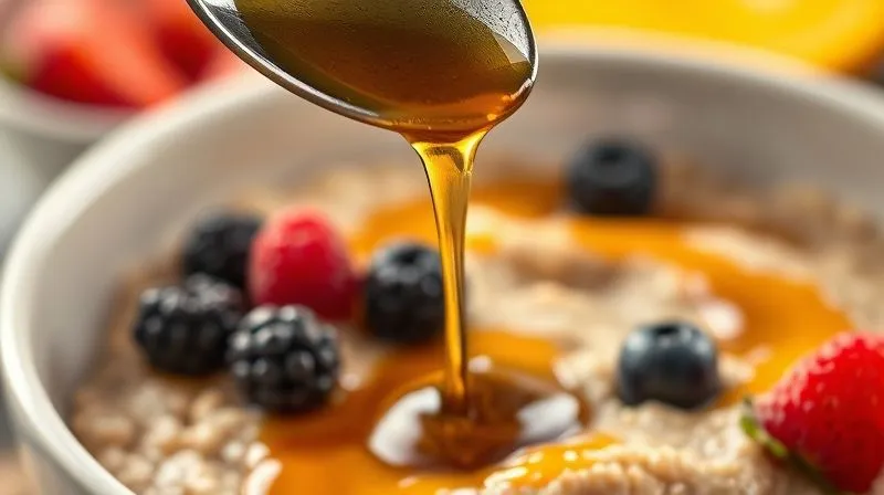 A close-up, photorealistic image of a spoon drizzling a thick, golden syrup excessively over a bowl of millet porridge, creating a visually rich but overly sweet appearance. In the background, a small, healthy portion of fresh berries is visible but overshadowed. Cinematic lighting, sharp focus on the syrup and bowl, depth of field, 8K hyper-detailed, shot on a high-end DSLR.