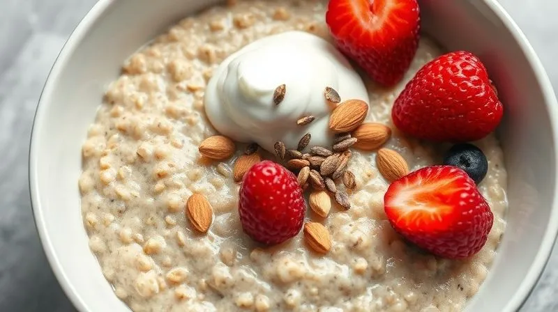 Photorealistic image of a balanced breakfast bowl with millet porridge, clearly showing a scoop of natural yogurt or skyr, a sprinkle of chia seeds, and a few almonds, alongside fresh berries. The composition emphasizes protein and healthy fats. Cinematic lighting, sharp focus, 8K hyper-detailed, shot on a high-end DSLR.