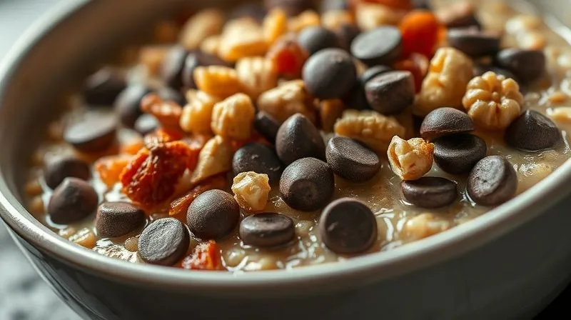 Photorealistic close-up of a bowl of millet porridge with an excessive amount of various toppings: dried fruits, nuts, honey, and chocolate chips, creating a visually appealing but very calorie-dense meal. Cinematic lighting, sharp focus on the toppings, depth of field blurring the background. 8K hyper-detailed.
