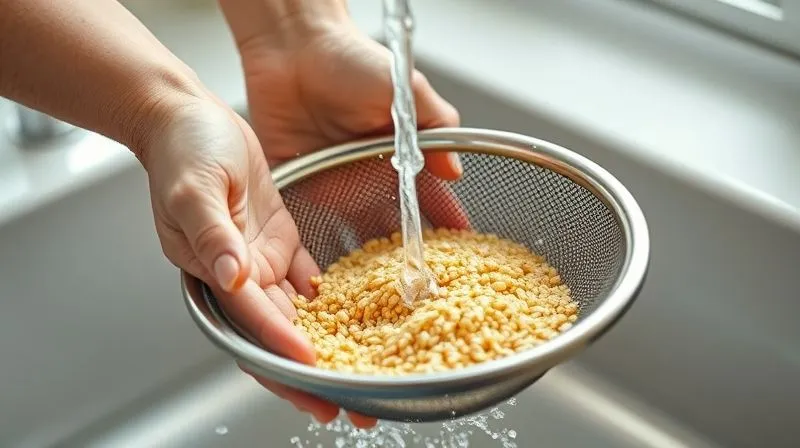 Photorealistic image of a person's hands rinsing millet under running water in a fine-mesh sieve, with steam gently rising from the hot water. The kitchen environment is clean and bright, with cinematic lighting. Sharp focus on the hands and sieve, depth of field blurring the background. 8K hyper-detailed.