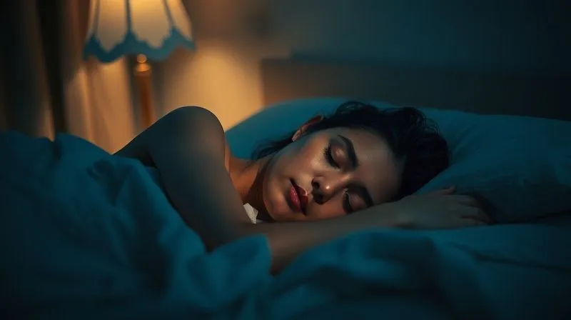 Photorealistic image of a person sleeping peacefully in a dimly lit bedroom, with soft, warm cinematic lighting emphasizing tranquility and deep rest. Sharp focus on the sleeping figure, depth of field blurring the background. The room is minimalist and calming. 8K hyper-detailed.