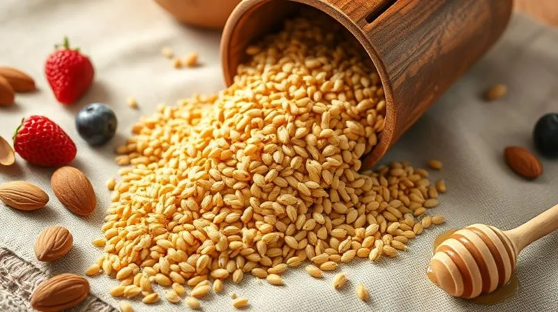 A photorealistic, professional photography shot of golden millet grains spilling out of a rustic wooden bowl onto a linen tablecloth, surrounded by other healthy ingredients like fresh berries, almonds, and a spoonful of honey. Soft, natural morning light illuminates the scene, highlighting the texture and freshness of the ingredients. 8K, cinematic lighting, sharp focus, depth of field, shot on a high-end DSLR.