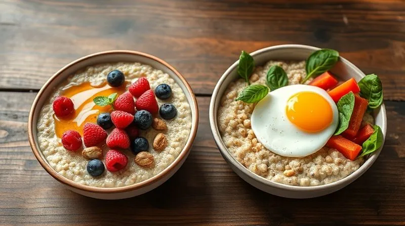A photorealistic, professional photography shot of two contrasting bowls of millet porridge. One is a sweet version with fresh berries, nuts, and a drizzle of honey, artfully arranged. The other is a savory version with a perfectly cooked poached egg, vibrant green spinach, and diced bell peppers. Both bowls are presented on a rustic wooden table with soft, natural light, emphasizing healthy, delicious, and balanced meal options. 8K, cinematic lighting, sharp focus, depth of field, shot on a high-end DSLR.