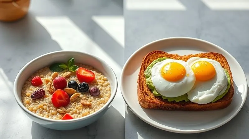 A photorealistic, professional photography shot of a healthy breakfast comparison. On one side, a bowl of vibrant millet porridge with fresh fruit and nuts. On the other side, a meticulously arranged plate with two slices of whole-grain toast topped with avocado and poached eggs. Both scenes are bathed in soft, inviting morning light, highlighting the freshness and appeal of each option, encouraging healthy choices. 8K, cinematic lighting, sharp focus, depth of field, shot on a high-end DSLR.