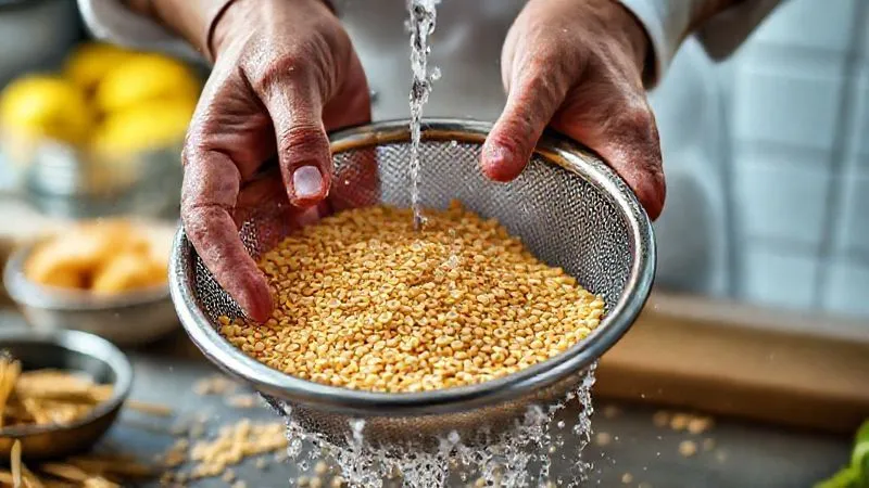 photorealistic image of a chef's hands rinsing golden millet groats under cold running water in a fine-mesh sieve, with blurred fresh ingredients in the background, cinematic kitchen lighting, sharp focus, 8K, shot on a high-end DSLR