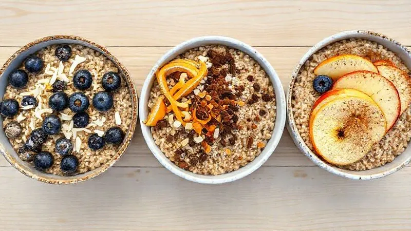 photorealistic image of three distinct bowls of millet groats breakfast, each beautifully styled with different low-calorie toppings: one with fresh blueberries and coconut flakes, another with cocoa nibs and orange zest, and a third with apple slices and cinnamon, arranged on a light wooden table, bright and inviting, sharp focus, 8K, shot on a high-end DSLR