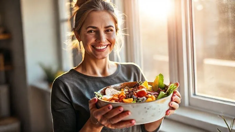 photorealistic image of a woman smiling confidently while holding a bowl of healthy breakfast, sunlight streaming through a window, looking energetic and happy, representing successful dietary changes, sharp focus, 8K, shot on a high-end DSLR