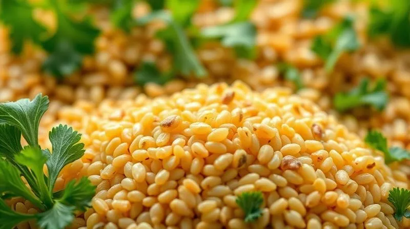 A close-up, photorealistic image of cooked golden millet grains, with a gentle steam rising, surrounded by vibrant, fresh green herbs like parsley and cilantro, against a soft, blurred background of healthy whole grains. Professional photography, 8K, cinematic lighting, sharp focus, depth of field, shot on a high-end DSLR.