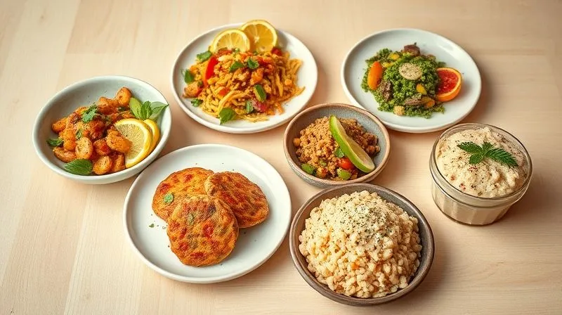 A vibrant, professional photography of a diverse spread of five small, beautifully plated vegetarian dishes, each featuring millet in a different form (breakfast bowl, colorful salad, savory patties, creamy risotto, dessert pudding). The dishes are arranged artfully on a light wooden table, with soft, natural light, sharp focus on the food, and a sense of abundance and health. 8K, cinematic lighting, depth of field, shot on a high-end DSLR.