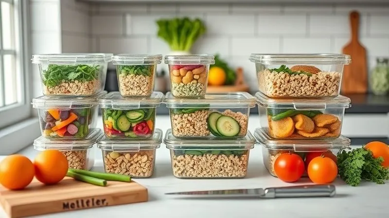 A clean, organized kitchen counter with glass meal prep containers filled with various millet-based vegetarian meals for the week, alongside fresh produce, a cutting board, and a chef's knife. The scene is bright, modern, and conveys efficiency and healthy living. Professional photography, 8K, cinematic lighting, sharp focus, depth of field, shot on a high-end DSLR.