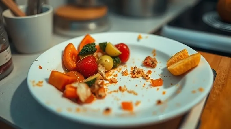 A slightly chaotic kitchen scene with a half-eaten, uninspired meal, suggesting common diet mistakes like lack of variety or too small portions. The lighting is less cinematic, more realistic, highlighting the struggle, but still professional photography. 8K, sharp focus on the messy plate, depth of field, shot on a high-end DSLR.