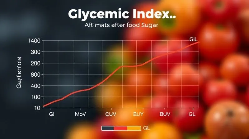 A scientific infographic illustrating the concept of Glycemic Index (GI) and Glycemic Load (GL) with a simple graph showing blood sugar response after eating different foods, using abstract, clean lines and a modern color palette. Photorealistic, 8K, sharp focus, depth of field.