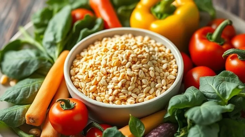 A vibrant, photorealistic still life of a bowl of corn groats surrounded by colorful, fresh vegetables like bell peppers, spinach, cherry tomatoes, and various legumes, all arranged aesthetically to suggest a balanced, fiber-rich meal. Cinematic lighting, 8K, sharp focus on the food.
