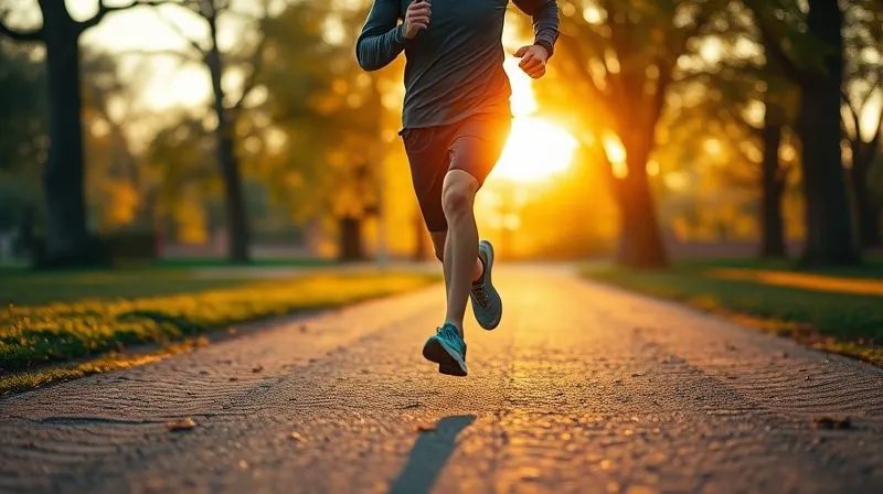 A dynamic, photorealistic shot of a person jogging outdoors in a park during golden hour, with a sense of energy and well-being. The focus is on the movement and the natural environment. Cinematic lighting, 8K, sharp detail, depth of field.