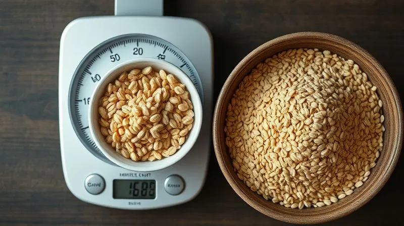 A photorealistic, top-down shot of a kitchen scale with a small, perfectly measured portion of cooked spelt groats in a bowl, next to it a much larger, overflowing bowl of spelt groats without a scale, illustrating the difference between correct and incorrect portion sizes. Cinematic lighting, sharp focus on the bowls, 8K hyper-detailed.