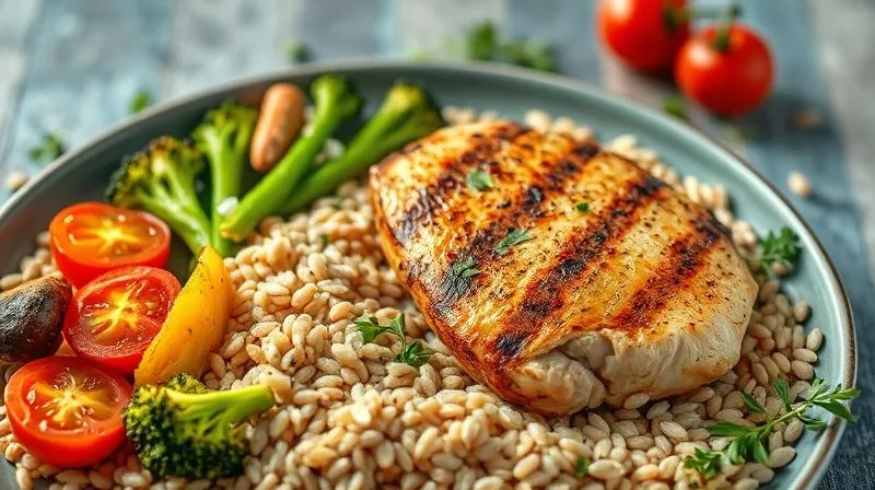 A vibrant, photorealistic flat lay of a balanced meal with spelt groats, grilled chicken breast, colorful roasted vegetables (broccoli, bell peppers, cherry tomatoes), and a sprinkle of fresh herbs. Cinematic lighting, sharp focus on the food, depth of field. 8K hyper-detailed, professional food photography.