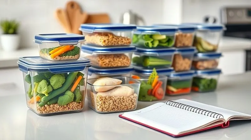 A clean, organized kitchen counter with various meal prep containers filled with healthy food for the week, including a container with spelt groats, chicken, and vegetables. A planner or notebook is open next to it. Professional photography, bright natural light, sharp focus, depth of field. 8K hyper-detailed.