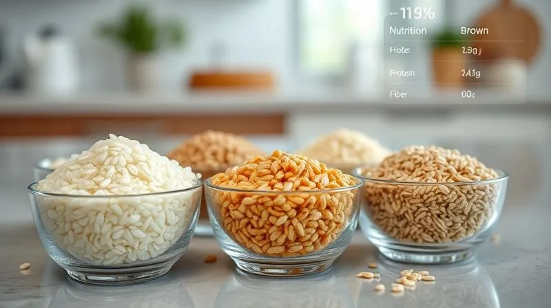 Photorealistic, professional photography, 8K, cinematic lighting, sharp focus, depth of field, shot on a high-end DSLR. A close-up of different types of rice groats (white, brown, wild) in small, elegant glass bowls, with a scientific-looking infographic overlay subtly showing nutritional facts like carbohydrates, protein, fiber, and calories. The background is a clean, modern kitchen counter, emphasizing health and precision.