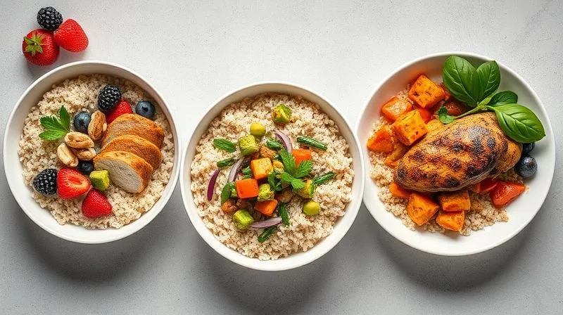 Photorealistic, professional photography, 8K, cinematic lighting, sharp focus, depth of field, shot on a high-end DSLR. A vibrant flat lay of three distinct, healthy meals featuring rice groats. One bowl shows a breakfast with berries and nuts. Another shows a colorful salad with grilled chicken. The third depicts a curry dish with vegetables. All dishes are beautifully plated, emphasizing fresh ingredients and mindful portions. The overall composition is bright and inviting.