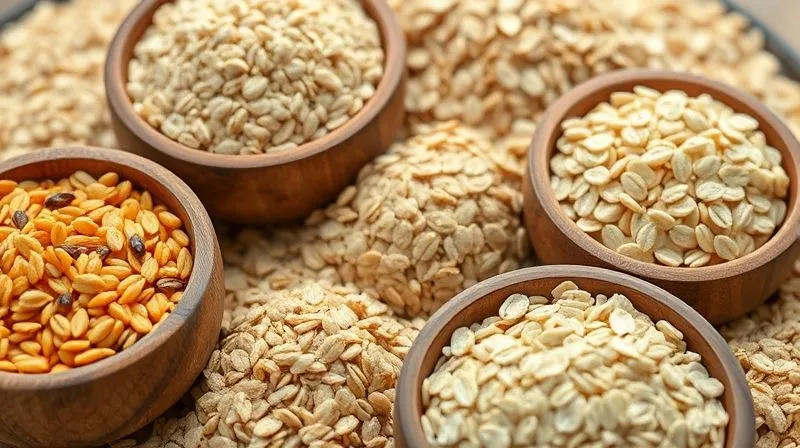 Photorealistic close-up of various uncooked grains (quinoa, buckwheat, millet, oats) beautifully arranged in small wooden bowls, with soft natural light highlighting their textures, 8K hyper-detailed, shot on a high-end DSLR.