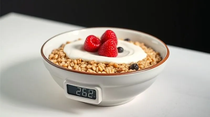 A professional studio shot of a perfectly portioned bowl of buckwheat with Greek yogurt, garnished with a few berries, with a small digital kitchen scale in the foreground, indicating a precise weight. Cinematic lighting, sharp focus, 8K, shot on a high-end DSLR.