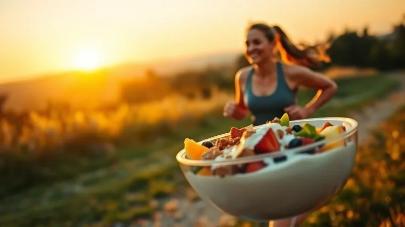 A dynamic, photorealistic image of a woman joyfully running outdoors during sunrise, with a healthy breakfast bowl (representing kasza with yogurt) subtly blurred in the foreground, symbolizing the synergy of healthy eating and exercise. Cinematic lighting, sharp focus on the runner, depth of field, 8K, shot on a high-end DSLR.