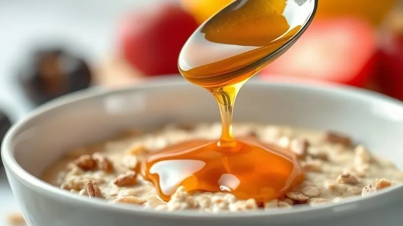 Photorealistic close-up of a spoon dripping golden honey onto a bowl of oatmeal, with a blurred background of fresh fruit. The lighting emphasizes the sweetness and richness, subtly hinting at its caloric density. Professional studio photography, 8K, cinematic lighting, sharp focus, depth of field.