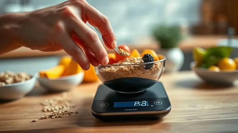 Photorealistic, professional photography, 8K, cinematic lighting, sharp focus, depth of field, shot on a high-end DSLR. A hand meticulously measuring a small portion of fruit and groats on a digital kitchen scale, emphasizing precision and control. The background shows a clean, modern kitchen with healthy ingredients, suggesting a disciplined approach to diet.