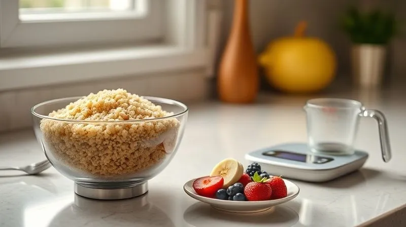 A photorealistic image of a kitchen counter with a bowl of cooked quinoa, a small digital food scale, and a measuring cup, all in sharp focus. Next to it, a small portion of fresh berries and sliced banana, demonstrating precise portion control for a healthy breakfast. Soft, diffused natural light from a window. 8K, cinematic lighting, depth of field blurring the background, shot on a high-end DSLR.