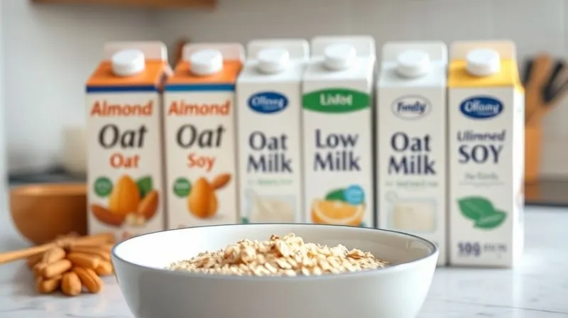 A photorealistic image of a variety of milk and plant-based milk cartons (almond, oat, soy, skimmed cow's milk) neatly arranged on a kitchen counter, with a focus on their 'unsweetened' or 'low-fat' labels. A bowl of plain, cooked oatmeal is in the foreground, ready for healthy additions. Soft, natural light. 8K, cinematic lighting, sharp focus on the labels, depth of field blurring the background, shot on a high-end DSLR.