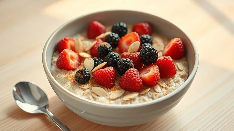 A photorealistic image of a beautifully plated, healthy breakfast bowl of oatmeal with fresh berries, sliced almonds, and a sprinkle of cinnamon. The bowl is on a light wooden table, with a soft, warm glow from natural light. A small spoon rests beside the bowl. 8K, cinematic lighting, sharp focus on the food, depth of field blurring the background, shot on a high-end DSLR.
