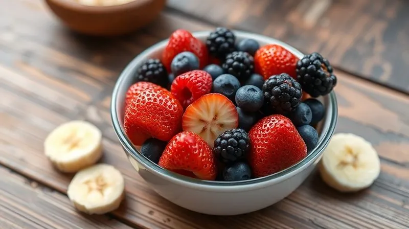 Photorealistic, professional photography, 8K, cinematic lighting, sharp focus, depth of field. A vibrant bowl of mixed berries (strawberries, blueberries, raspberries) artfully arranged next to a small, portioned amount of sliced banana, on a rustic wooden table, emphasizing healthy choices and balance.