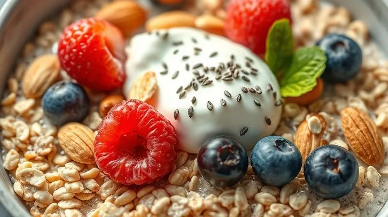 Photorealistic, professional photography, 8K, cinematic lighting, sharp focus, depth of field. A close-up of a perfectly textured bowl of groats, with various healthy toppings scattered artfully: glistening fresh berries, crunchy almonds, creamy Greek yogurt, and a sprinkle of chia seeds, creating a visually rich and balanced meal.