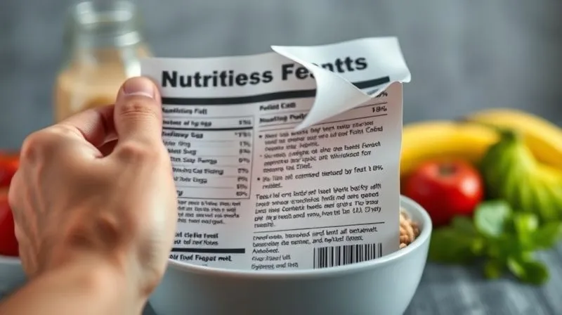 Photorealistic, professional photography, 8K, cinematic lighting, sharp focus, depth of field. A visually striking image of a hand carefully peeling back a food label on a generic 'healthy' breakfast mix, revealing a complex and dense list of ingredients, with a subtle hint of artificiality or hidden sugars in the background, contrasting with fresh, natural ingredients.