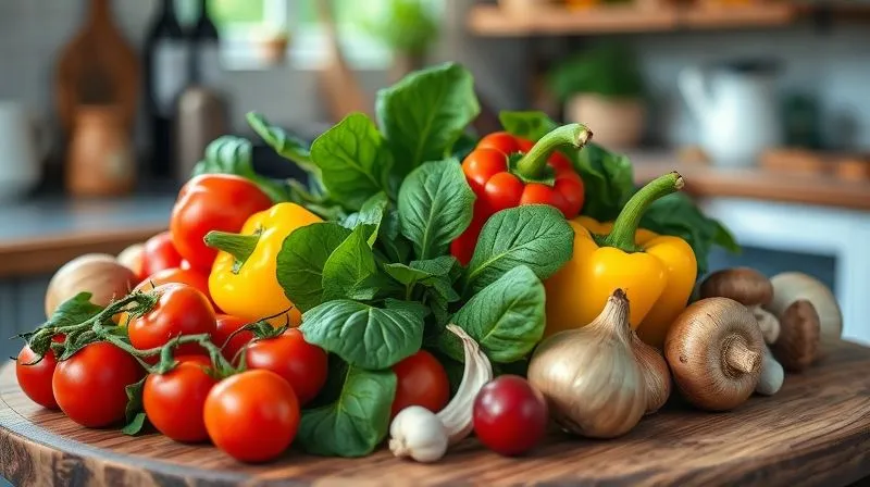 Photorealistic, professional photography, 8K, cinematic lighting, sharp focus on a vibrant, colorful assortment of fresh, organic vegetables – ripe red tomatoes, green spinach leaves, yellow bell peppers, red onion, garlic cloves, and fresh mushrooms – artfully arranged on a rustic wooden cutting board. Depth of field blurring a sunlit kitchen background. Shot on a high-end DSLR.