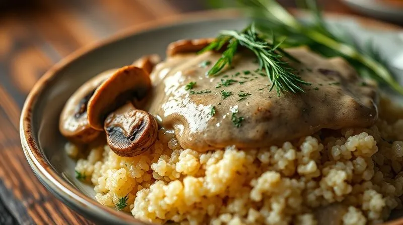 Photorealistic, professional photography, 8K, cinematic lighting, sharp focus on a serving of fluffy quinoa topped with a creamy, rich-looking mushroom sauce, garnished with fresh dill. The sauce has a smooth, velvety texture. Depth of field blurring a rustic, elegant dining table setting. Emphasizes healthy indulgence and gourmet feel. Shot on a high-end DSLR.