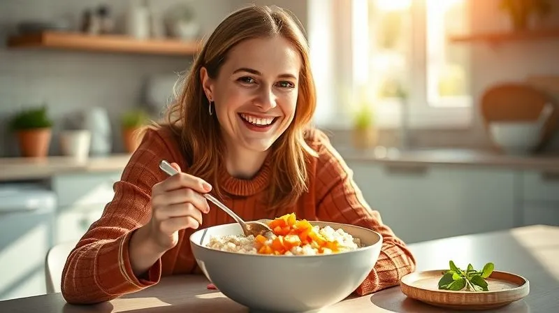 Photorealistic, professional photography, 8K, cinematic lighting, sharp focus on a smiling woman (Marta, 30s) happily enjoying a bowl of buckwheat with a vibrant, healthy sauce. She's sitting at a clean, modern kitchen table, sunlight streaming in. The meal looks delicious and satisfying. Depth of field blurring the background. Emphasizes joy and satisfaction from healthy eating. Shot on a high-end DSLR.