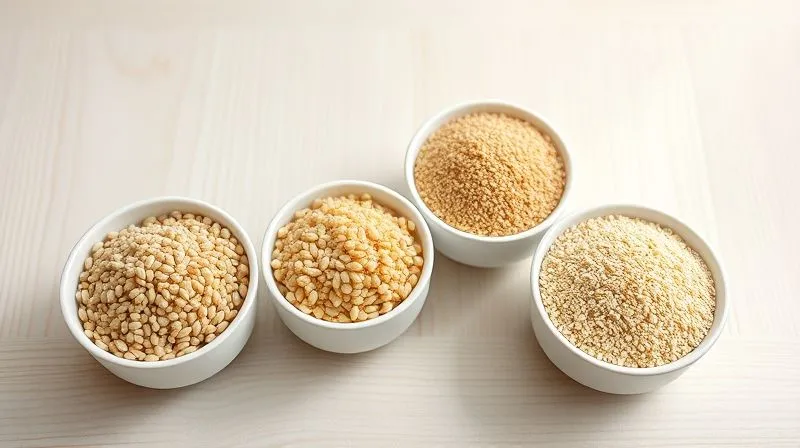 Photorealistic, professional photography of four separate small bowls, each containing a different type of cooked grain: buckwheat, millet, barley (p?czak), and quinoa. Each bowl is perfectly portioned, showcasing the distinct texture and color of the grain. The bowls are arranged on a clean, light wooden surface with soft, diffused natural light, emphasizing the healthy and wholesome nature of the ingredients. Sharp focus on the grains, depth of field blurring the background slightly, 8K hyper-detailed, shot on a high-end DSLR.