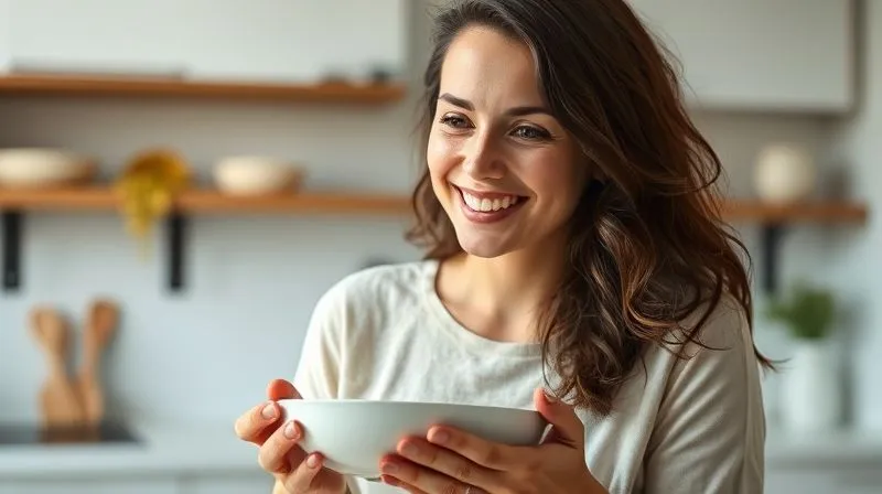 A photorealistic, professional photography shot of a woman in her late 20s or early 30s, smiling genuinely and looking satisfied after eating a healthy meal. She is holding an empty bowl, subtly indicating she finished her meal. The background is a clean, bright kitchen or dining area with soft, natural light, conveying a sense of well-being, contentment, and healthy lifestyle. Cinematic lighting, sharp focus on the woman's face and hands, depth of field blurring the background, 8K hyper-detailed, shot on a high-end DSLR.