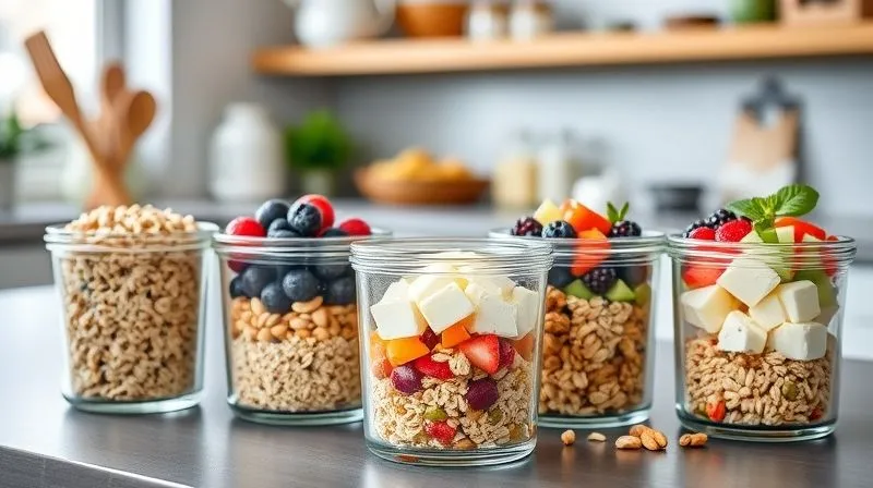 A photorealistic, professional photography shot of a neatly organized meal prep station in a modern kitchen. Several transparent glass containers are filled with perfectly portioned servings of groats and cottage cheese, along with various fresh, colorful toppings like berries, chopped vegetables, and nuts. The containers are labeled, and there's a sense of efficiency and healthy planning. Soft, even lighting, sharp focus on the containers and ingredients, depth of field blurring the background, 8K hyper-detailed, shot on a high-end DSLR.