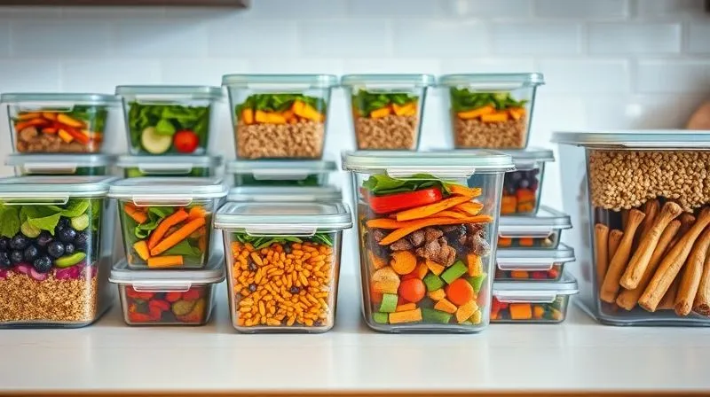 A neatly organized kitchen counter with various meal prep containers filled with colorful ingredients, ready for the week. The containers are transparent, showcasing vibrant salads, cooked grains, and roasted vegetables. Professional photography, 8K, cinematic lighting, sharp focus on the food, depth of field blurring the background, shot on a high-end DSLR.