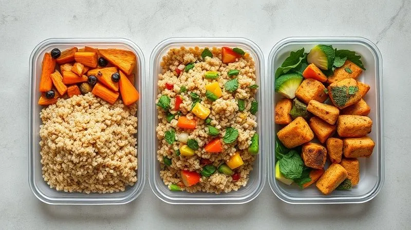Three distinct, beautifully plated lunchbox meals, each featuring a different type of grain (e.g., quinoa, bulgur, millet) and colorful, fresh vegetables. One might include roasted root vegetables, another a Mediterranean salad, and the third a stir-fry with lean protein. The presentation is professional, appetizing, and visually appealing, with cinematic lighting and sharp focus. 8K hyper-detailed, shot on a high-end DSLR.