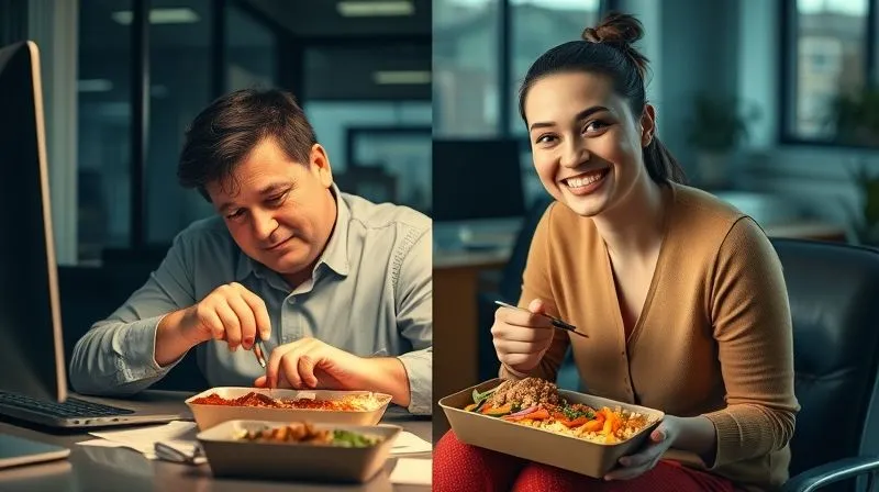 A split image: on one side, a tired, slightly overweight person in an office setting, slumped at a desk, looking uninspired while eating a greasy, unidentifiable meal from a takeout container. On the other side, the same person, now looking vibrant, healthy, and happy, sitting upright and smiling, enjoying a colorful, fresh lunchbox meal with grains and vegetables. The lighting is dull on the left, bright and natural on the right. Professional photography, 8K, cinematic lighting, sharp focus, depth of field, shot on a high-end DSLR.
